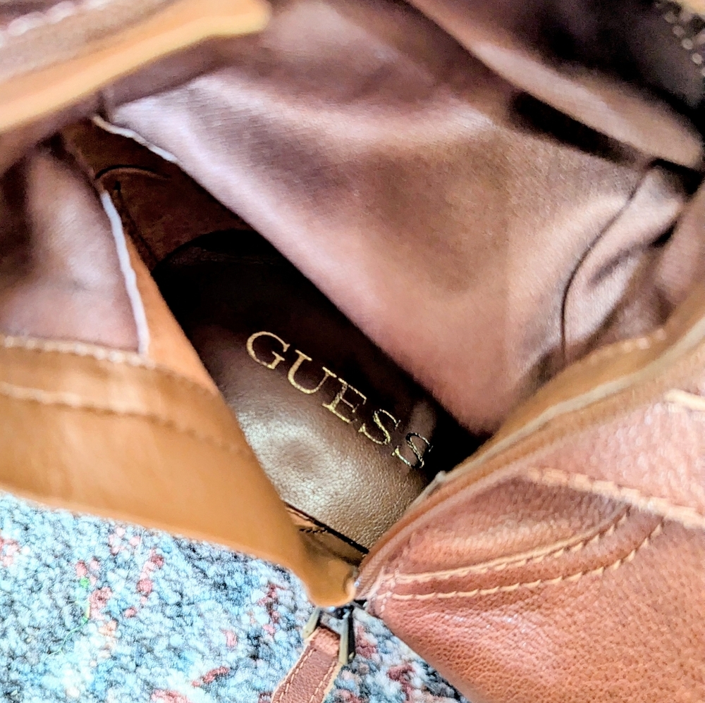Guess Magy Brown Leather Scrunch Boots Buckled Heeled Western Rustic Fall Y2K 8 - Picture 9 of 11